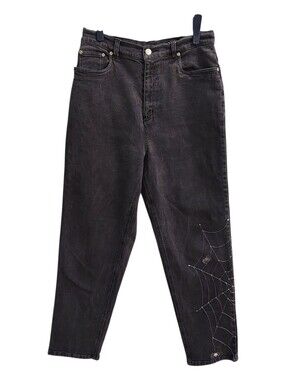 VINTAGE QUACKER FACTORY Goth Spiderweb Black Denim Embroidered Jeans 14